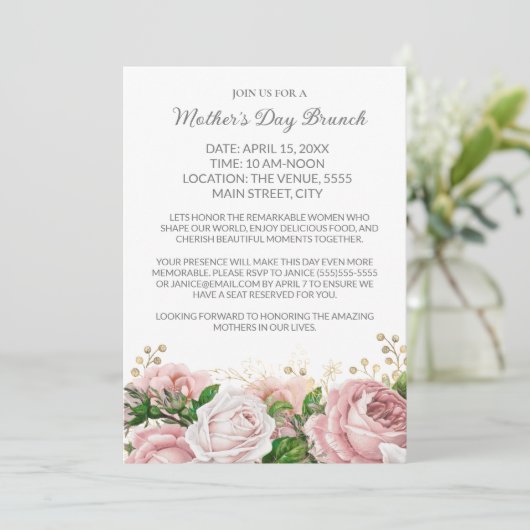 Formele Moederdag Brunch Roze Bloemen Kaart (Staand voorkant)