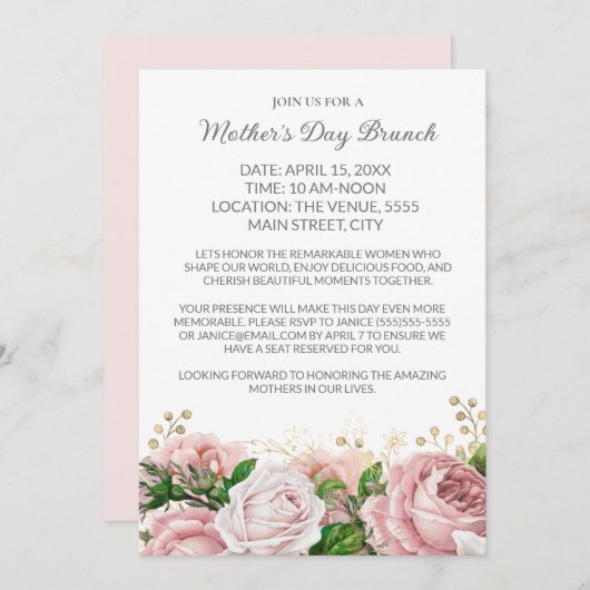 Formele Moederdag Brunch Roze Bloemen Kaart (Voorkant / Achterkant)
