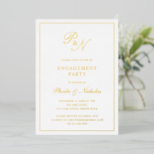 Formele monogram Elegant Engagement Party Gold Folie Uitnodiging (Staand Voorkant)