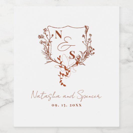 Formele Monogram Floral Crest Wedding Wijn Etiket (Enkel label)