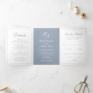 Formele monogram Foto Dusty Blue Elegant Wedding Drieluik Uitnodiging