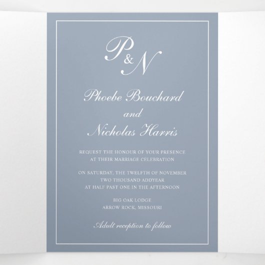 Formele monogram Foto Dusty Blue Elegant Wedding Drieluik Uitnodiging (Binnenkant midden)