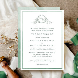 Formele Monogram Green Waterverf Wedding Kaart