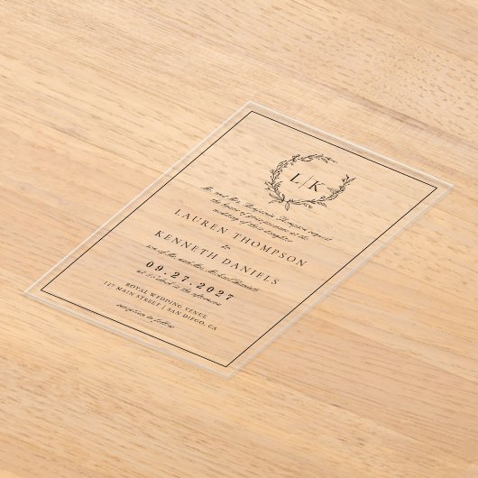 Formele Monogram Leaf Crest Wedding Acryl Uitnodigingen (Laagn)