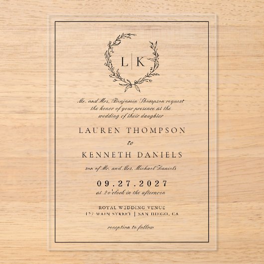 Formele Monogram Leaf Crest Wedding Acryl Uitnodigingen (Voorkant)