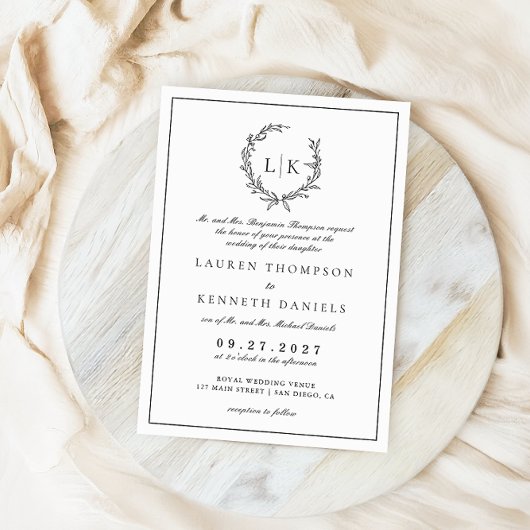 Formele Monogram Leaf Crest Zwart Wit Huwelijk Kaart