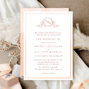Formele monogram Peach Waterverf Wedding Kaart