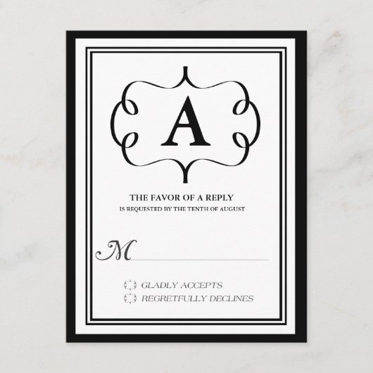 Formele monogram RSVP-kaart in zwart RSVP Kaartje (Voorkant)