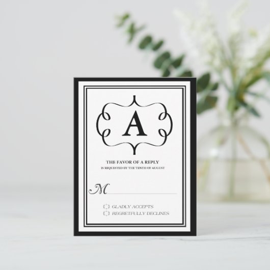 Formele Monogram RSVP-kaart in zwart RSVP Kaartje (Staand voorkant)