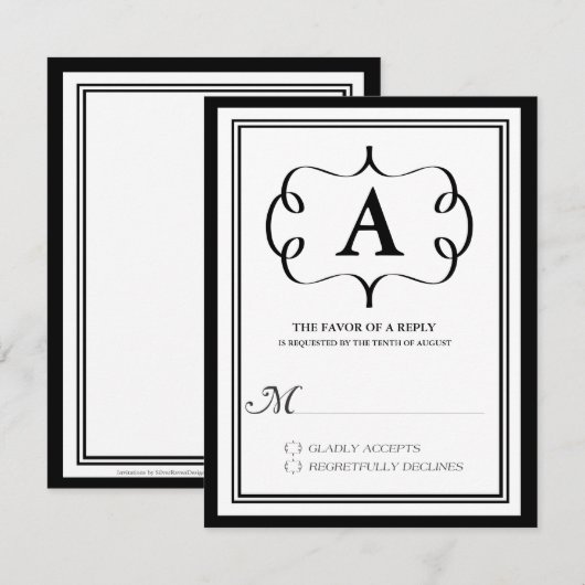 Formele Monogram RSVP-kaart in zwart RSVP Kaartje (Voorkant / Achterkant)