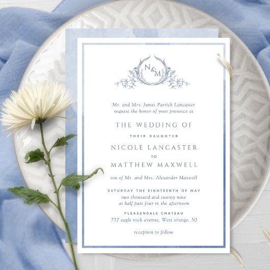 Formele monogram Stusty Blue Waterverf Wedding Kaart