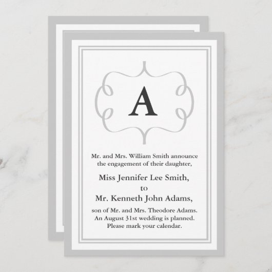 Formele monogram uitnodiging in grijs (Voorkant / Achterkant)