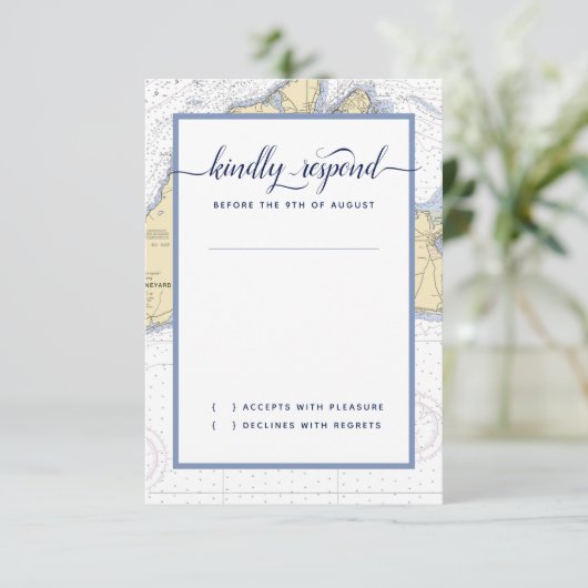 Formele nautische bruiloft Martha's Vineyard RSVP Kaartje (Staand voorkant)