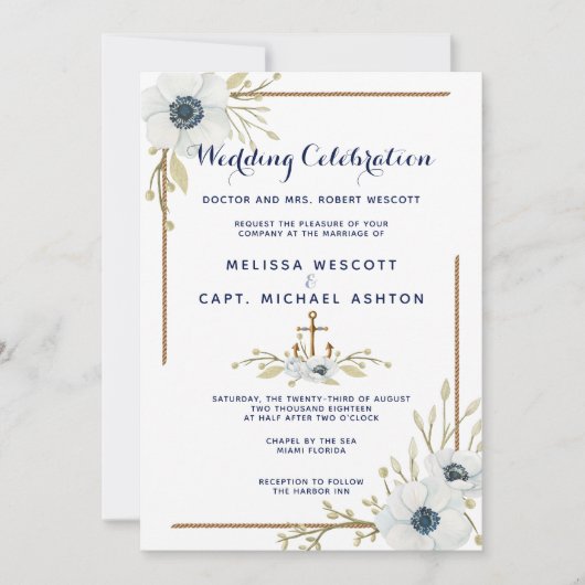 Formele nautische marine & witte anemoon bruiloft kaart (Voorkant)