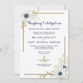 Formele nautische marine & witte anemoon bruiloft kaart (Voorkant)