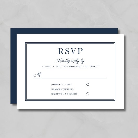 Formele Navy Blauwe Script Trouw RSVP Kaart