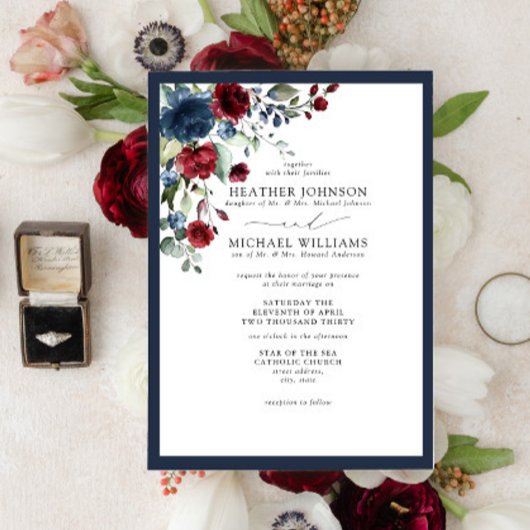 Formele Navy Blue Burgundy Floral Waterverf Script Kaart