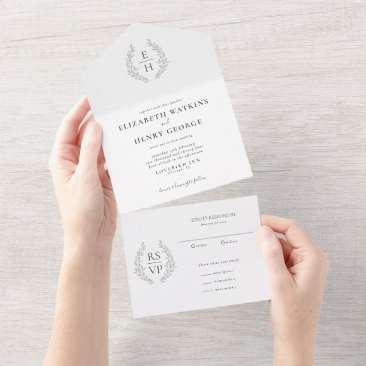 Formele ovale krans monogram zwart wit bruiloft all in one uitnodiging (Afscheurbaar)