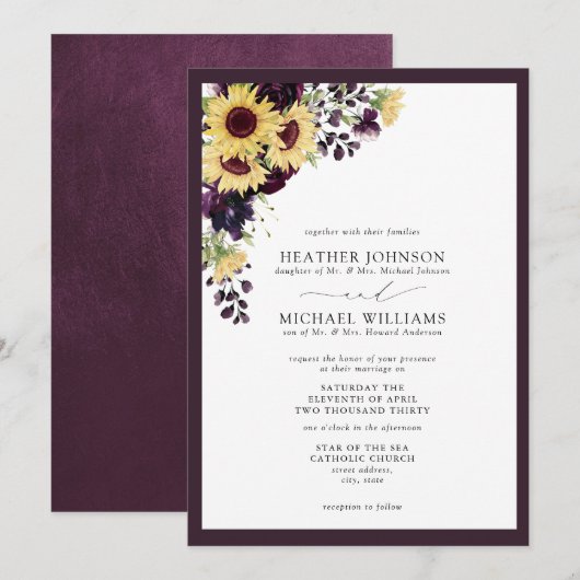 Formele Paars Zonnebloem Waterverf Weddenschap Kaart (Voorkant / Achterkant)