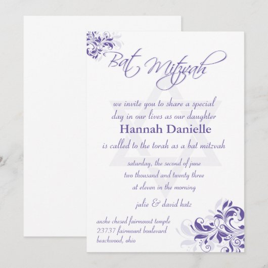 Formele paarse bloem Bat Mitzvah Kaart (Voorkant / Achterkant)