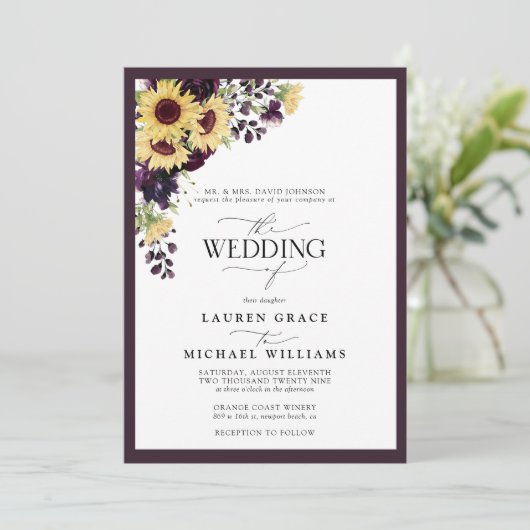 Formele Paarse Zonnebloem Waterverf Bruiloft In Kaart (Staand voorkant)