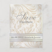 Formele Parelwitte Damast Bruiloft Save the Date Aankondigingskaart (Voorkant)