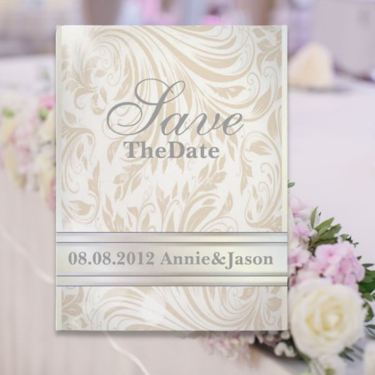 Formele Parelwitte Damast Bruiloft Save the Date Aankondigingskaart