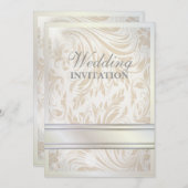 Formele Parelwitte Damasten Trouwuitnodiging Kaart (Voorkant / Achterkant)