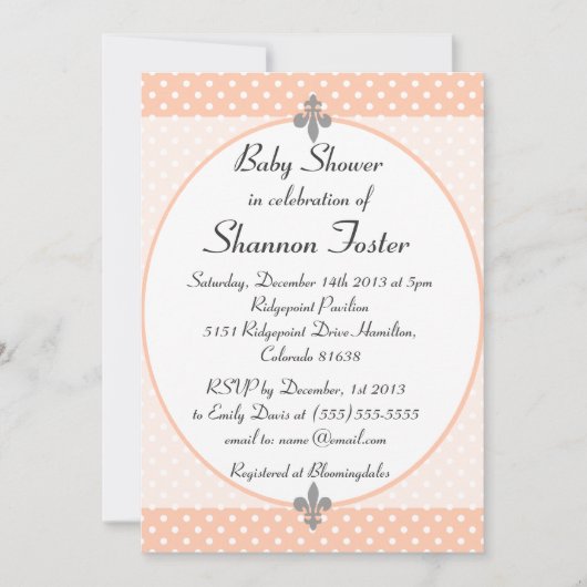 Formele Peach Polka Dots Baby shower Invitation Kaart (Voorkant)