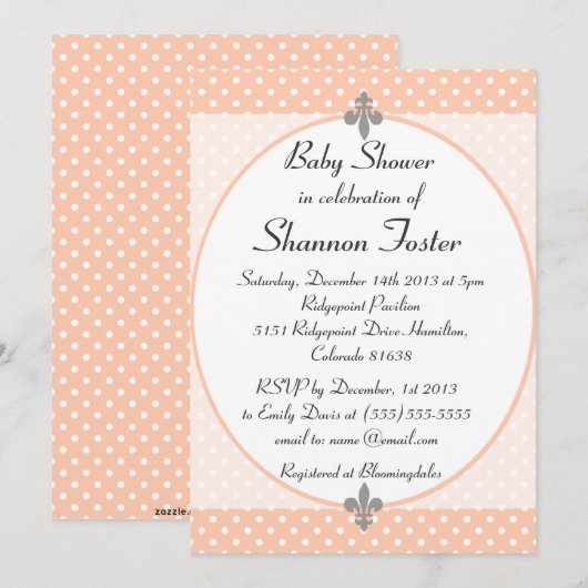 Formele Peach Polka Dots Baby shower Invitation Kaart (Voorkant / Achterkant)