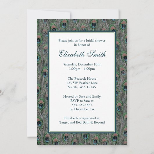 Formele Peacock Feathers Bridal Shower Invitation Kaart (Voorkant)