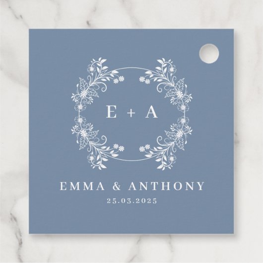 Formele  Periwinkle Monogram Bruiloft Bedankjes Labels (Achterkant)