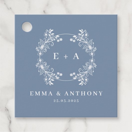 Formele  Periwinkle Monogram Bruiloft Bedankjes Labels (Voorkant)