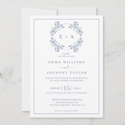 Formele  Periwinkle Monogram Bruiloft Kaart (Voorkant)