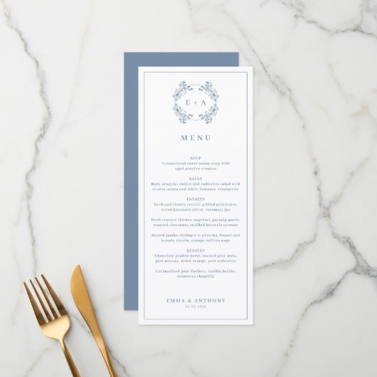 Formele  Periwinkle Monogram Bruiloft Menu (Voorkant / Achterkant in situ)