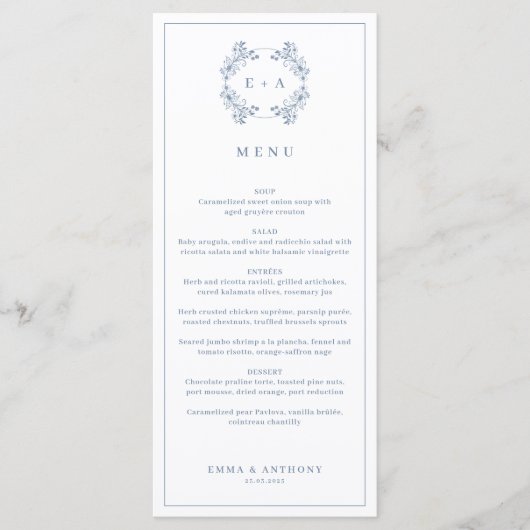 Formele Periwinkle Monogram Bruiloft Menu (Voorkant)