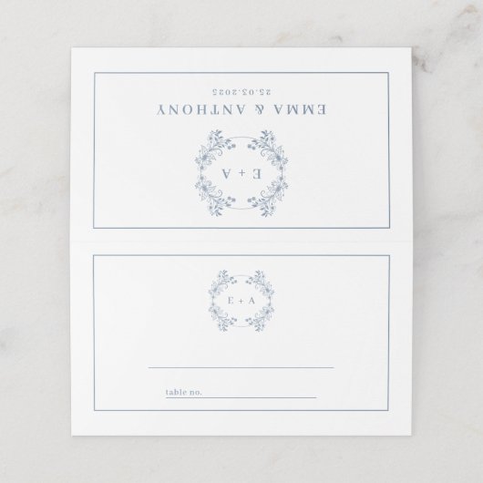 Formele Periwinkle Monogram Bruiloft Plaatskaartje (Buitenkant ongevouwen)