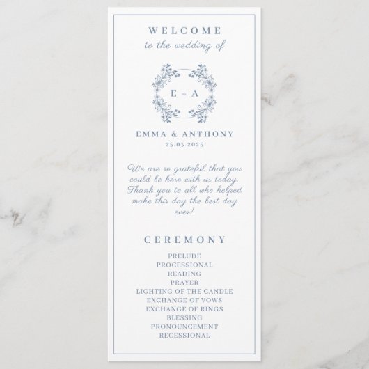 Formele Periwinkle Monogram Trouwprogramma Programmakaart (Voorkant)