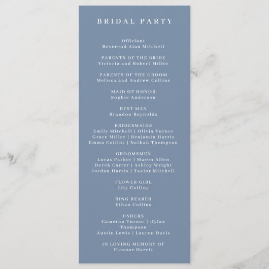 Formele Periwinkle Monogram Trouwprogramma Programmakaart (Achterkant)