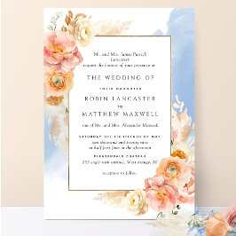 Formele perzik Blush Floral Blue Waterverf Wedding Kaart