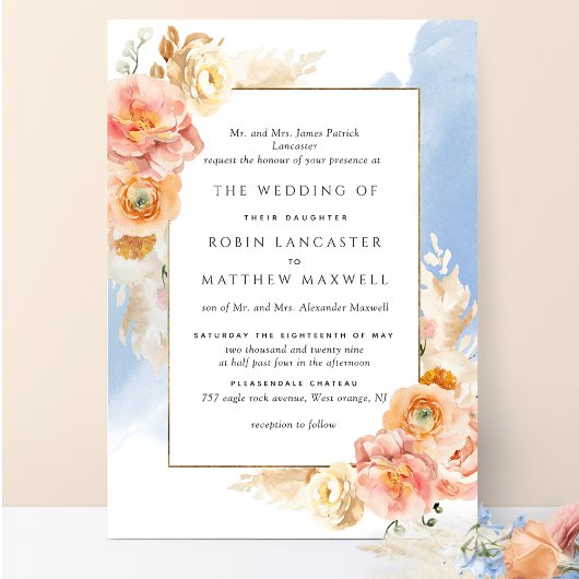 Formele perzik Blush Floral Blue Waterverf Wedding Kaart