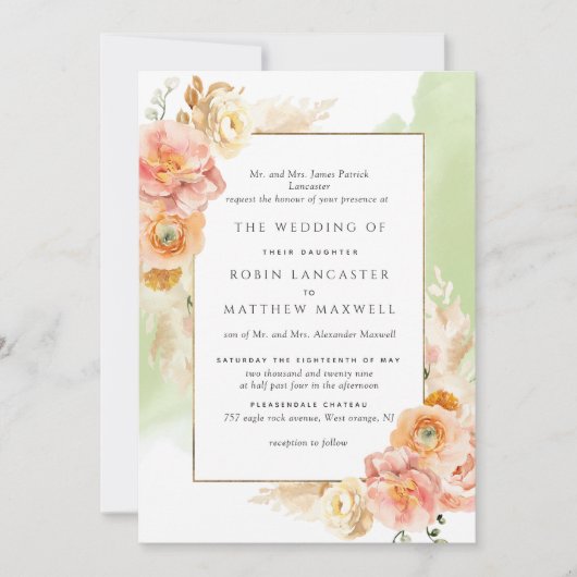 Formele Perzikkleurige Floral Green Waterverf Wedd Kaart (Voorkant)