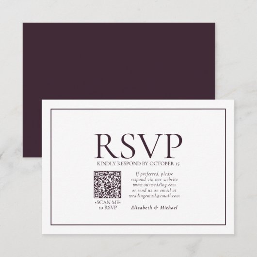 Formele plum Classic QR Code Wedding RSVP Kaartje (Voorkant / Achterkant)
