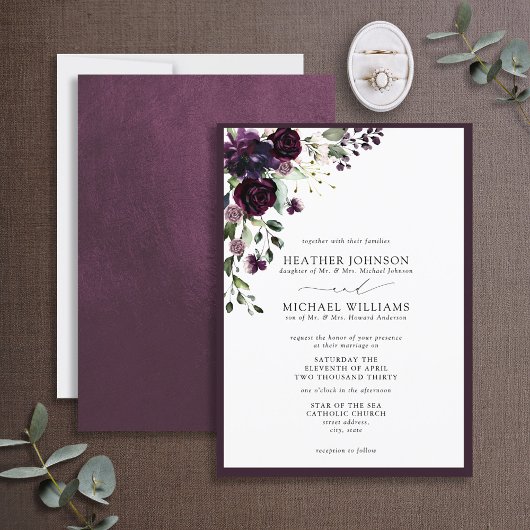 Formele Plum Paars Floral Waterverf Script Kaart