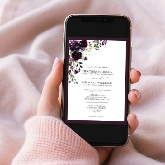 Formele Plum Paars Floral Waterverf Script Kaart