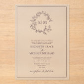 Formele Plum Paars Leafy Crest Monogram Weddenscha Acryl Uitnodigingen (Voorkant)