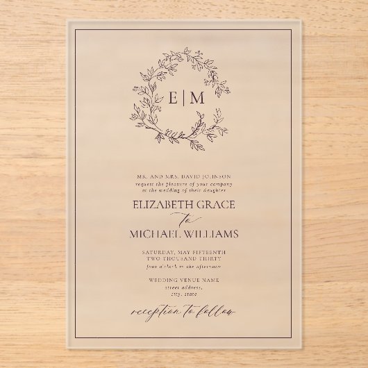 Formele Plum Paars Leafy Crest Monogram Weddenscha Acryl Uitnodigingen (Voorkant)