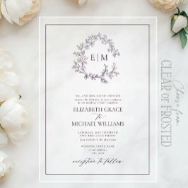 Formele Plum Paars Leafy Crest Monogram Weddenscha Acryl Uitnodigingen
