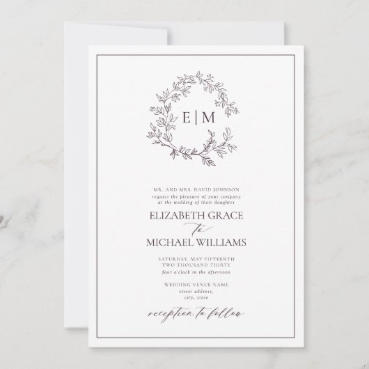 Formele Plum Paars Leafy Crest Monogram Weddenscha Kaart (Voorkant)