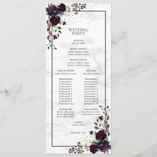 Formele Plum Paarse Waterverf bruiloft programma Programmakaart (Achterkant)